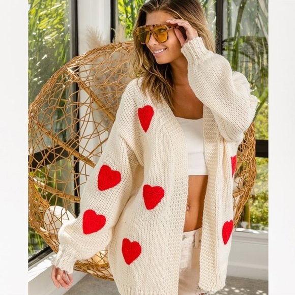 New Heart Embroidered Cardigan Sweater ~ Sweetest Oversized Knit Valentine's Day - Picture 2 of 7